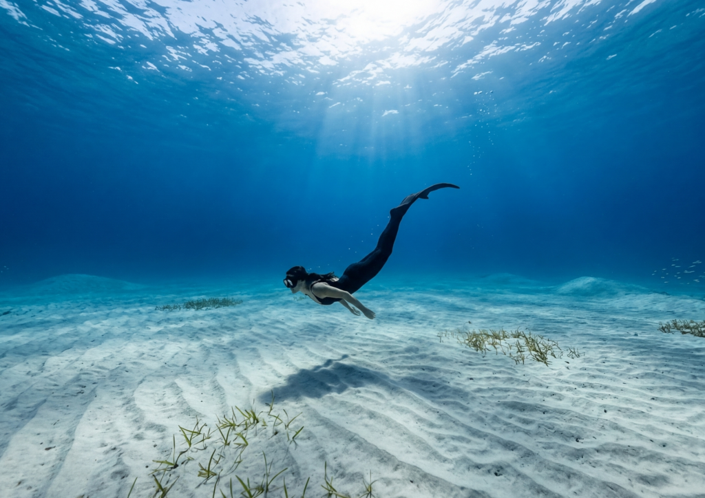 Eine Meerjungfrau taucht Unterwasser mit einer Meerjungfrauflosse