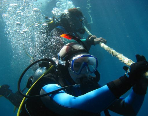 Tauchsicherheit: Zwischen Theorie und Realität Tauchsicherheit- zwei Taucher an einem seil unter Wasser im Neopren Anzug